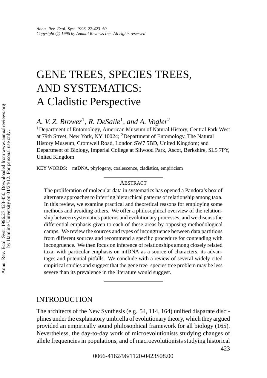 GENE TREES, SPECIES TREES, AND SYSTEMATICS: A Cladistic Perspective by A. V. Z. Brower1 R. DeSalle1 & A. Vogler2