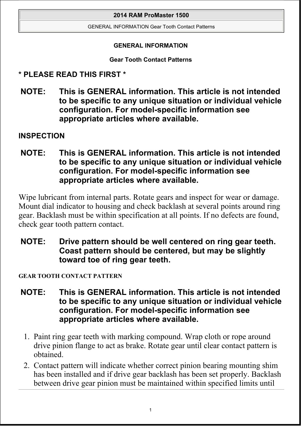 GENERAL INFORMATION Gear Tooth Contact Patterns by Unknown