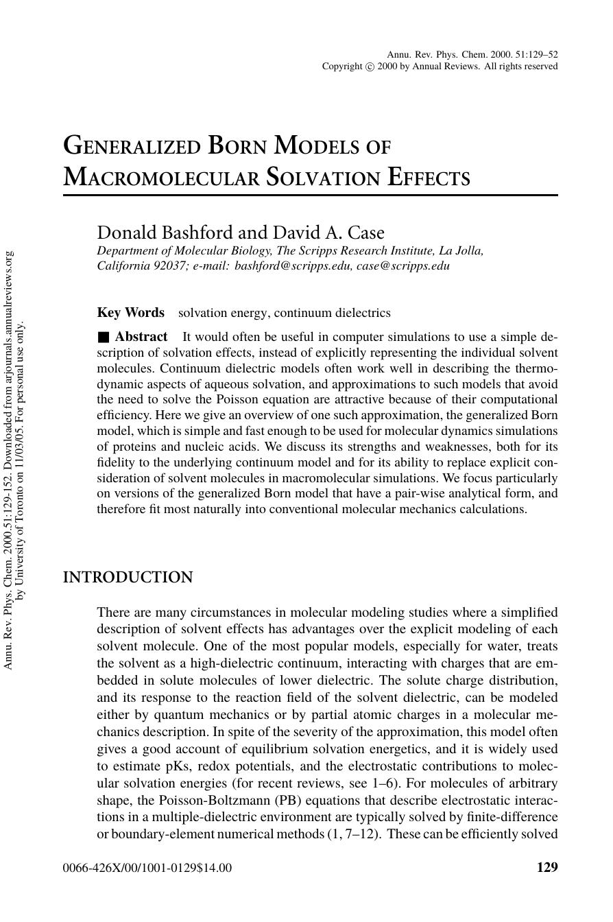 GENERALIZED BORN MODELS OF MACROMOLECULAR SOLVATION EFFECTS by Donald Bashford & David A. Case