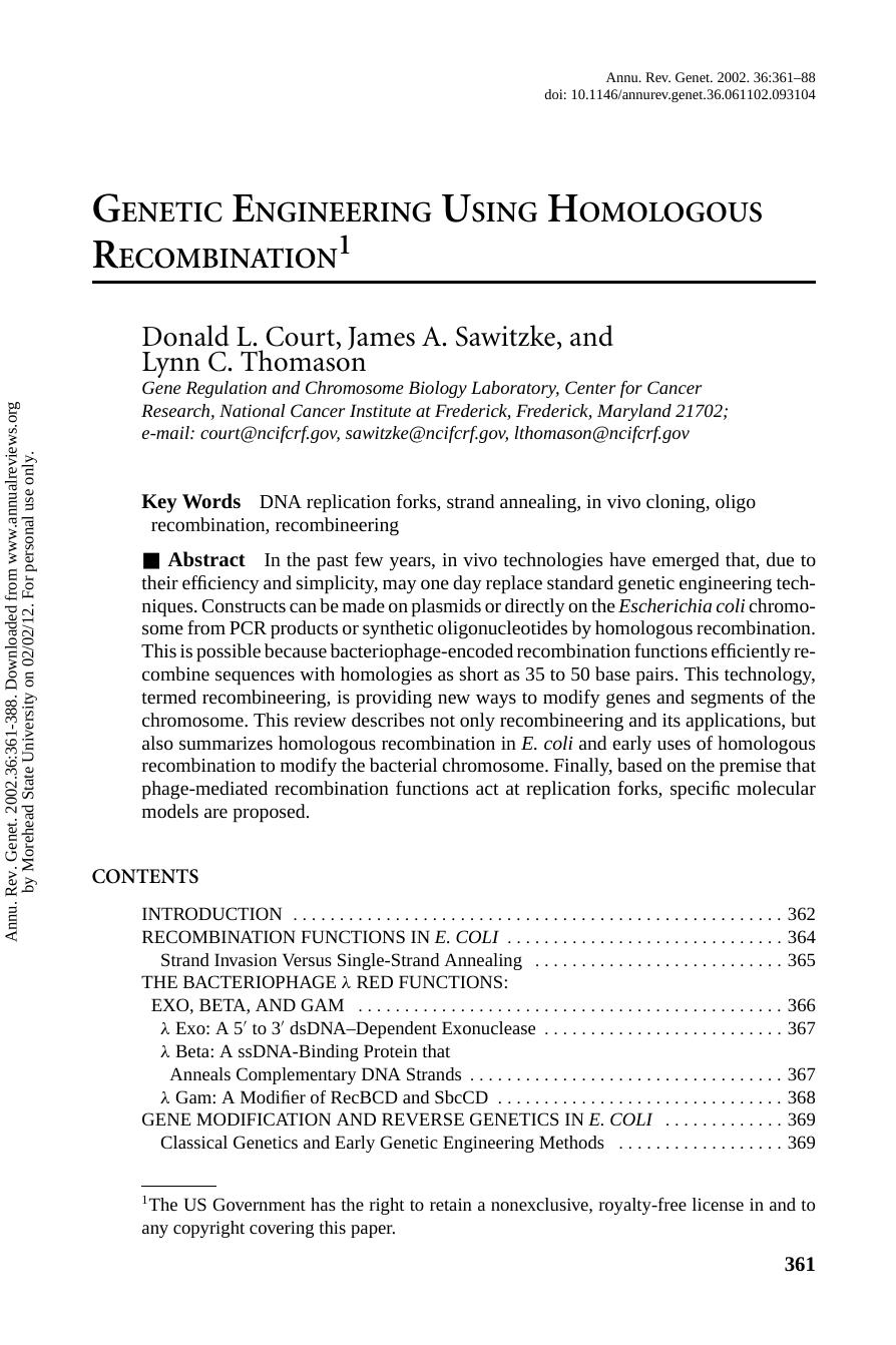GENETIC ENGINEERING USING HOMOLOGOUS RECOMBINATION1 by Donald L. Court James A. Sawitzke & Lynn C. Thomason