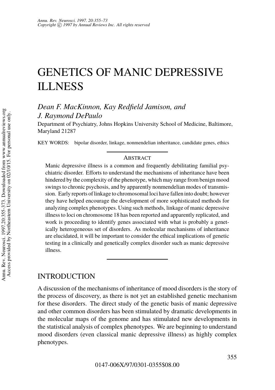 GENETICS OF MANIC DEPRESSIVE ILLNESS by Dean F. MacKinnon Kay Redfield Jamison & and J. Raymond DePaulo