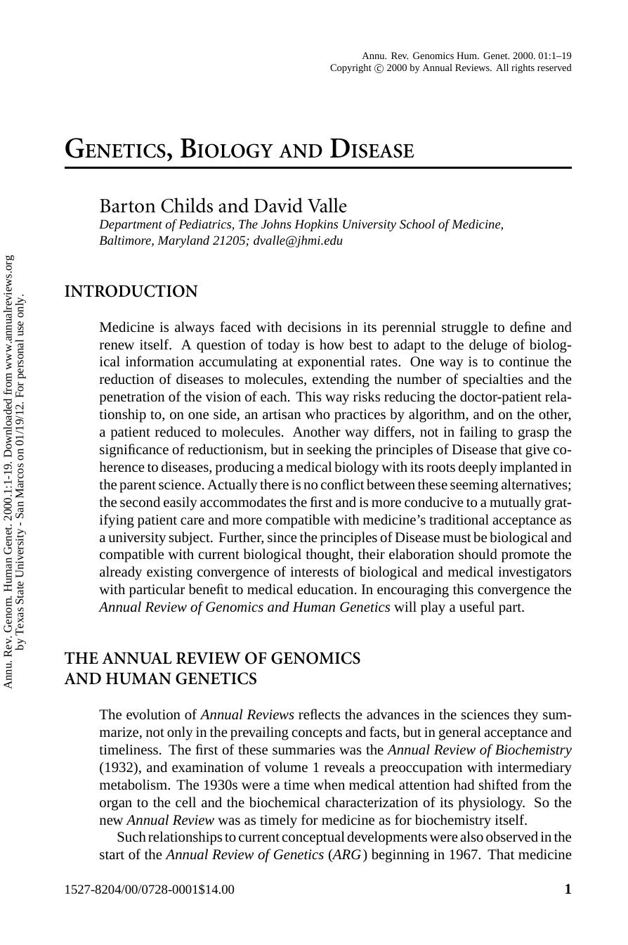 GENETICS, BIOLOGY AND DISEASE by Barton Childs & David Valle