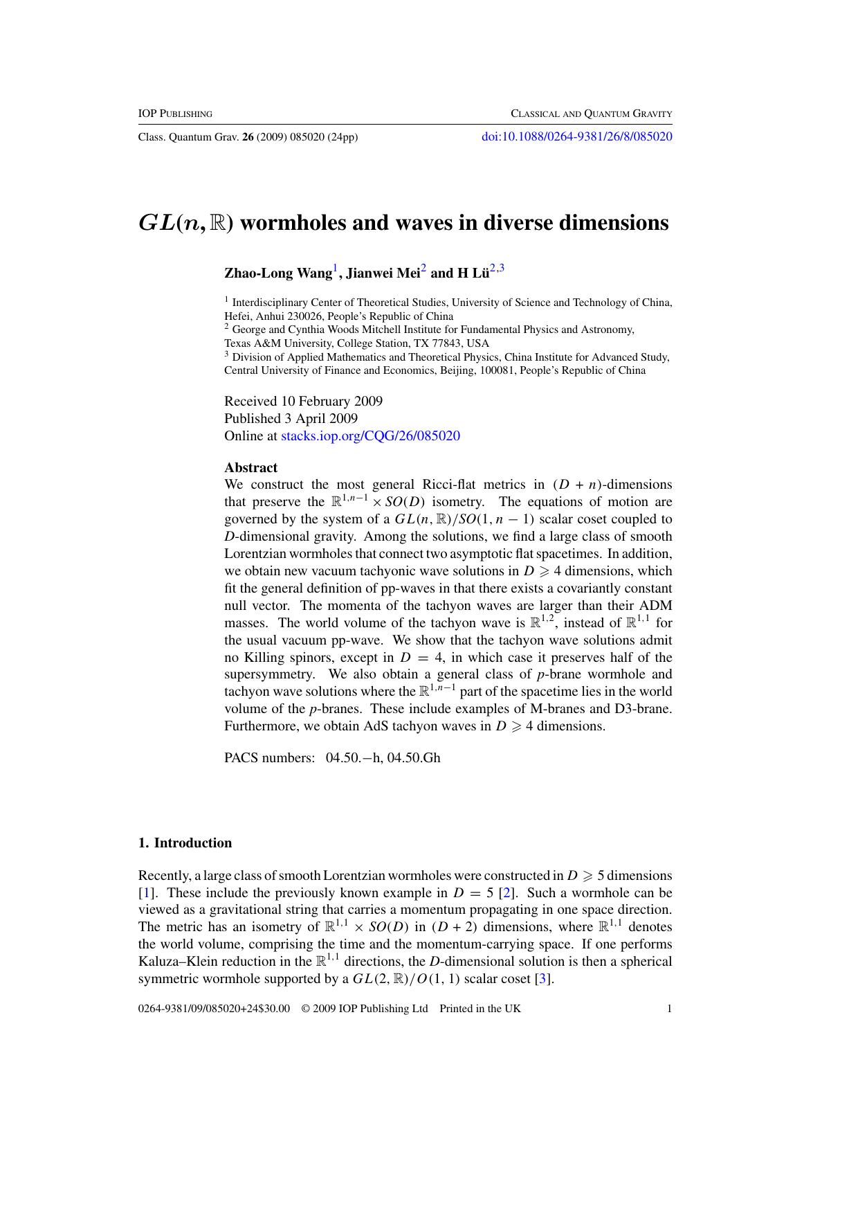 GL(n,R) wormholes and waves in diverse dimensions by H Lu et al
