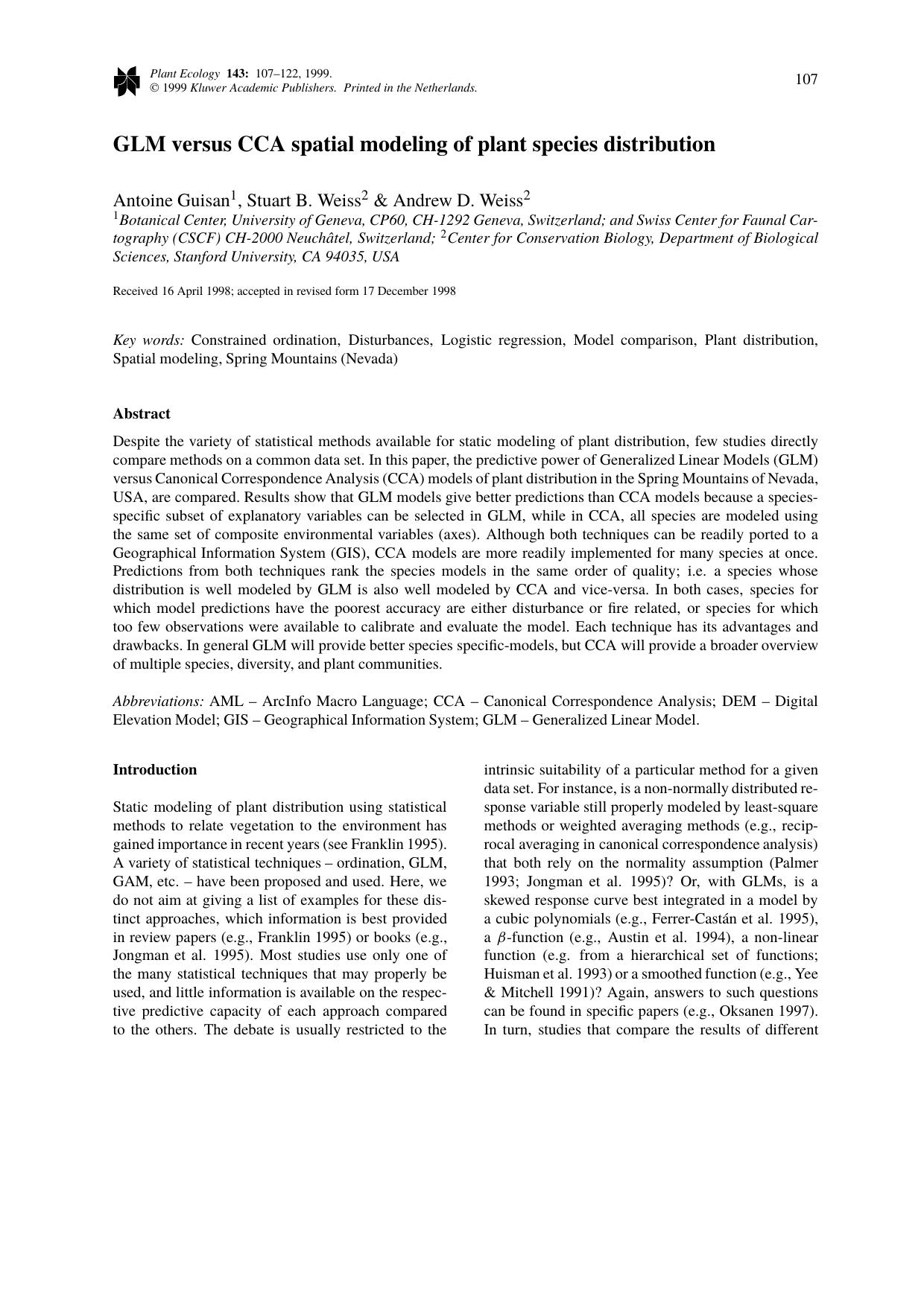 GLM versus CCA spatial modeling of plant species distribution by Unknown