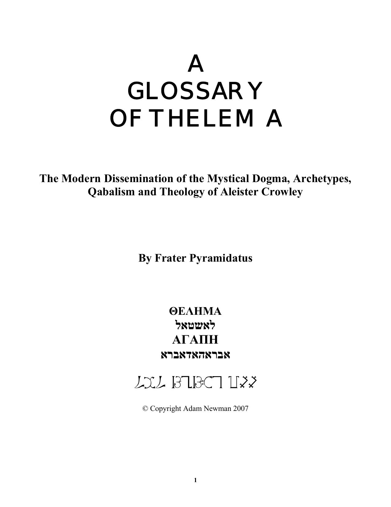 GLOSSARY OF THELEMA by BRIAN ADAM NEWMAN