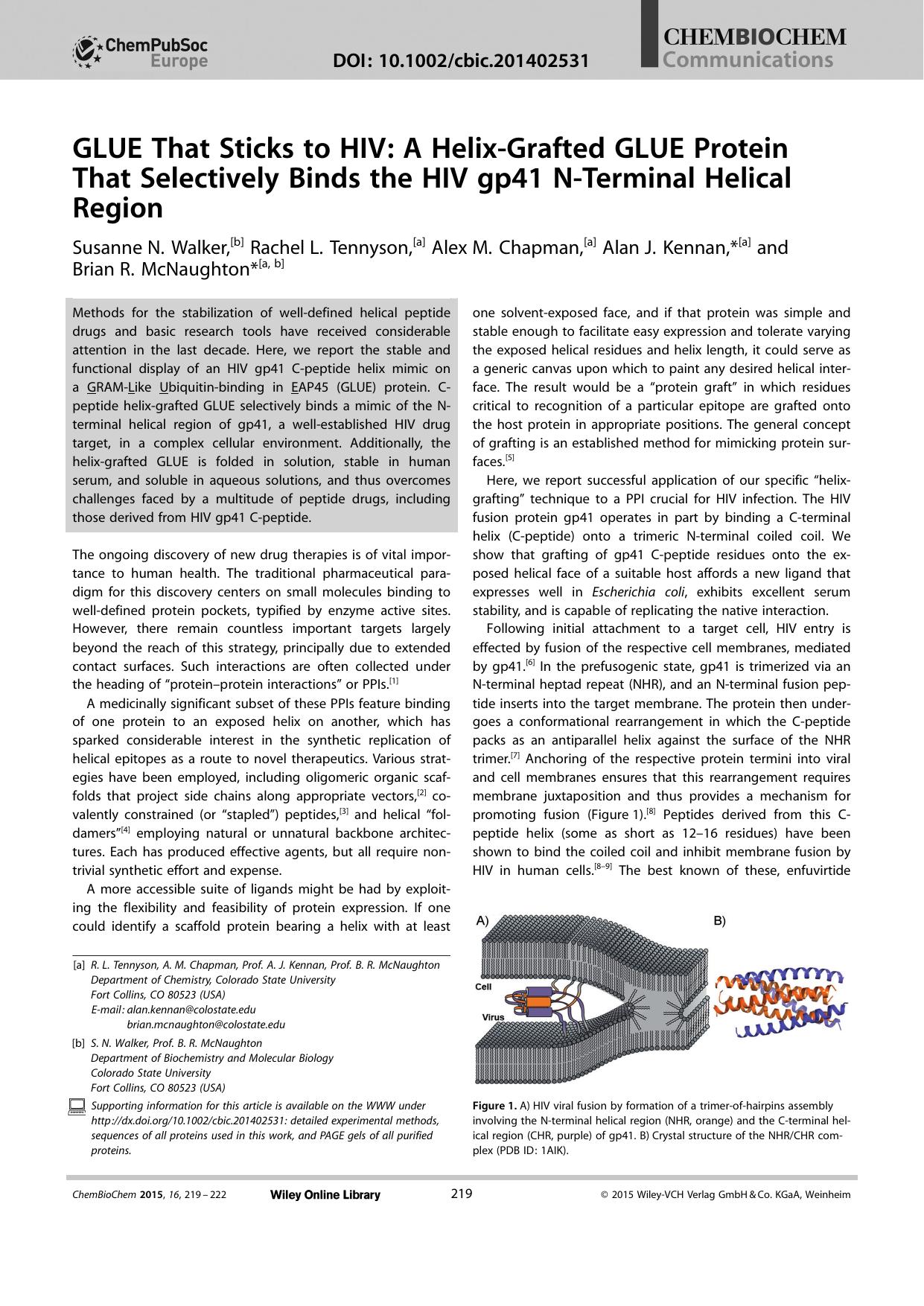 GLUE That Sticks to HIV: A HelixGrafted GLUE Protein That Selectively Binds the HIV gp41 NTerminal Helical Region by Unknown
