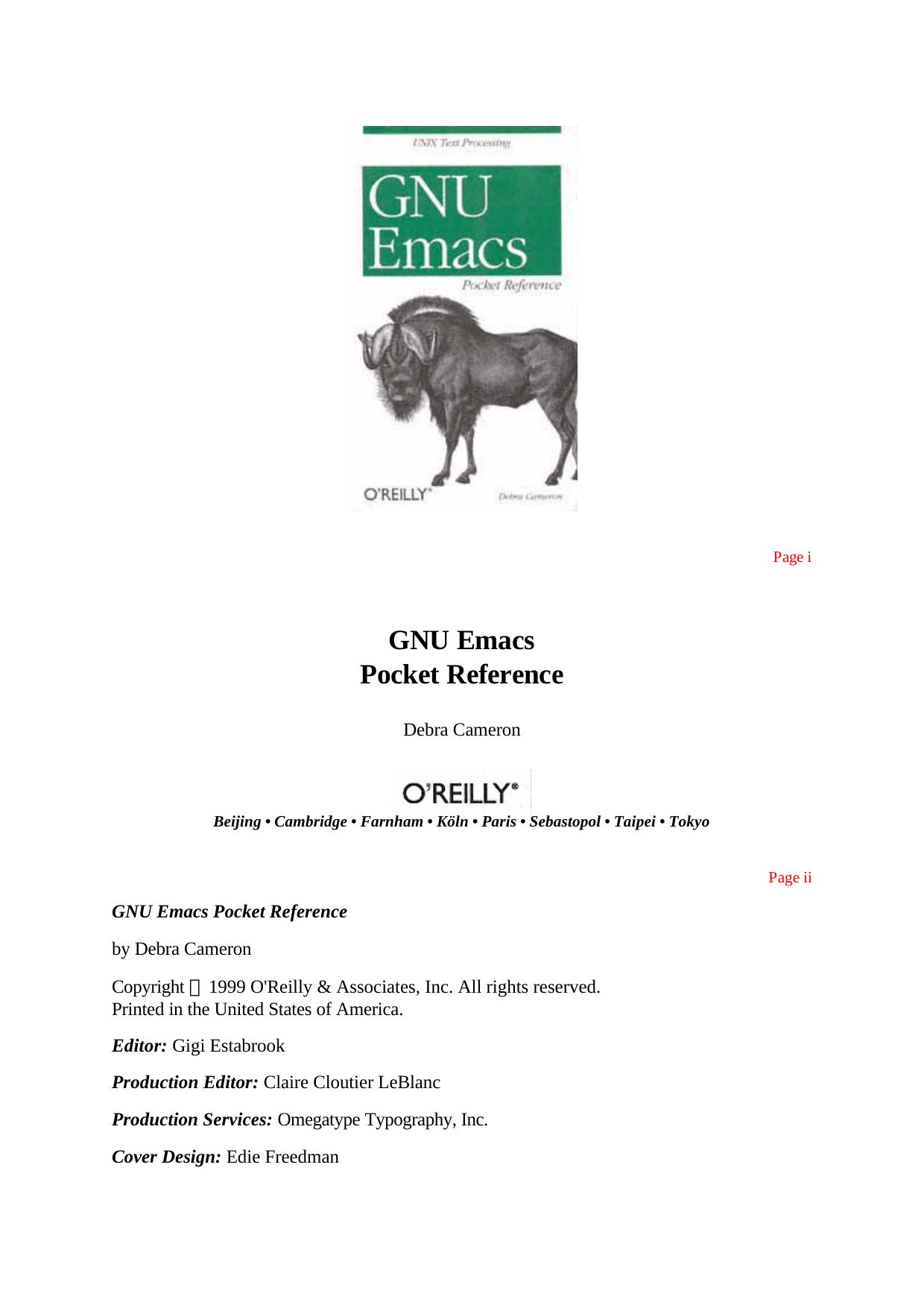GNU Emacs Pocket Reference by Debra Cameron