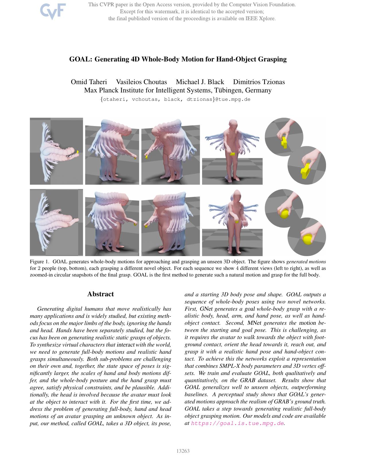 GOAL: Generating 4D Whole-Body Motion for Hand-Object Grasping by Omid Taheri & Vasileios Choutas & Michael J. Black & Dimitrios Tzionas