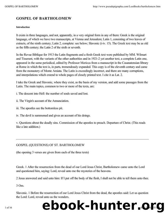 GOSPEL OF BARTHOLOMEW by Unknown