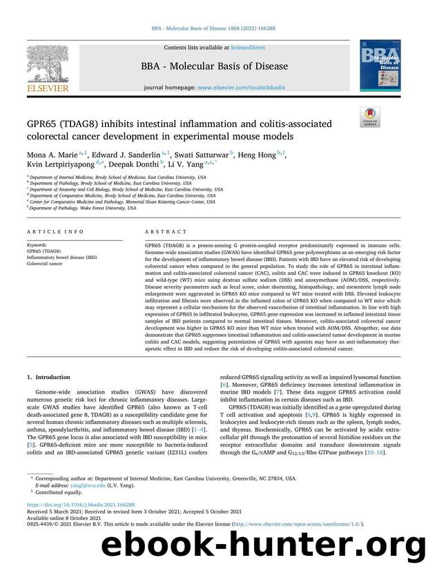 GPR65 (TDAG8) inhibits intestinal inflammation and colitis-associated colorectal cancer development in experimental mouse models by unknow