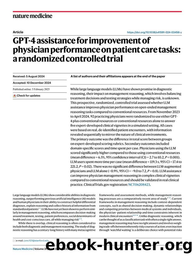 GPT-4 assistance for improvement of physician performance on patient care tasks: a randomized controlled trial by unknow