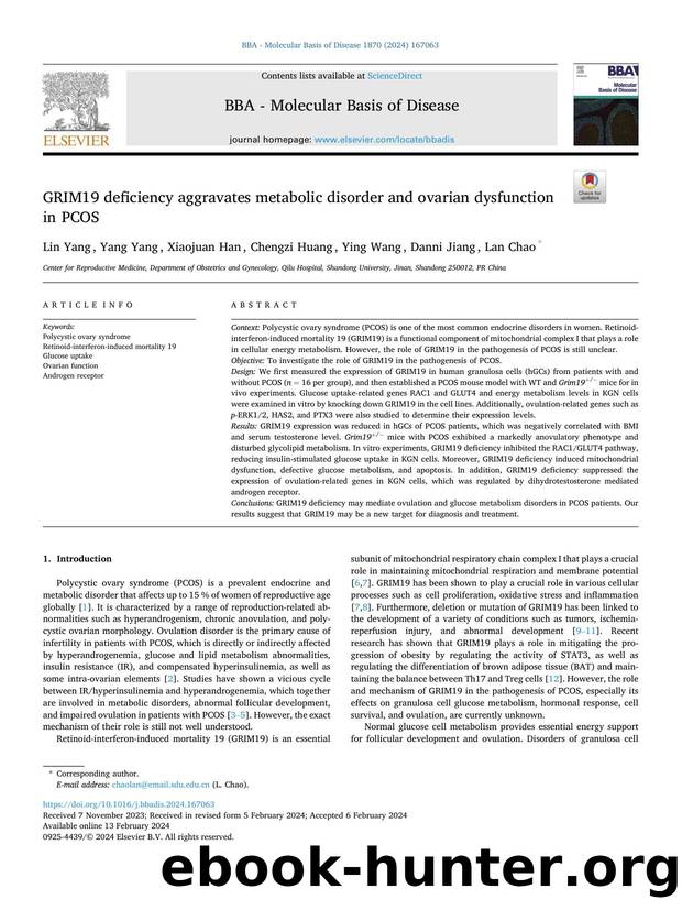 GRIM19 deficiency aggravates metabolic disorder and ovarian dysfunction in PCOS by Lin Yang & Yang Yang & Xiaojuan Han & Chengzi Huang & Ying Wang & Danni Jiang & Lan Chao