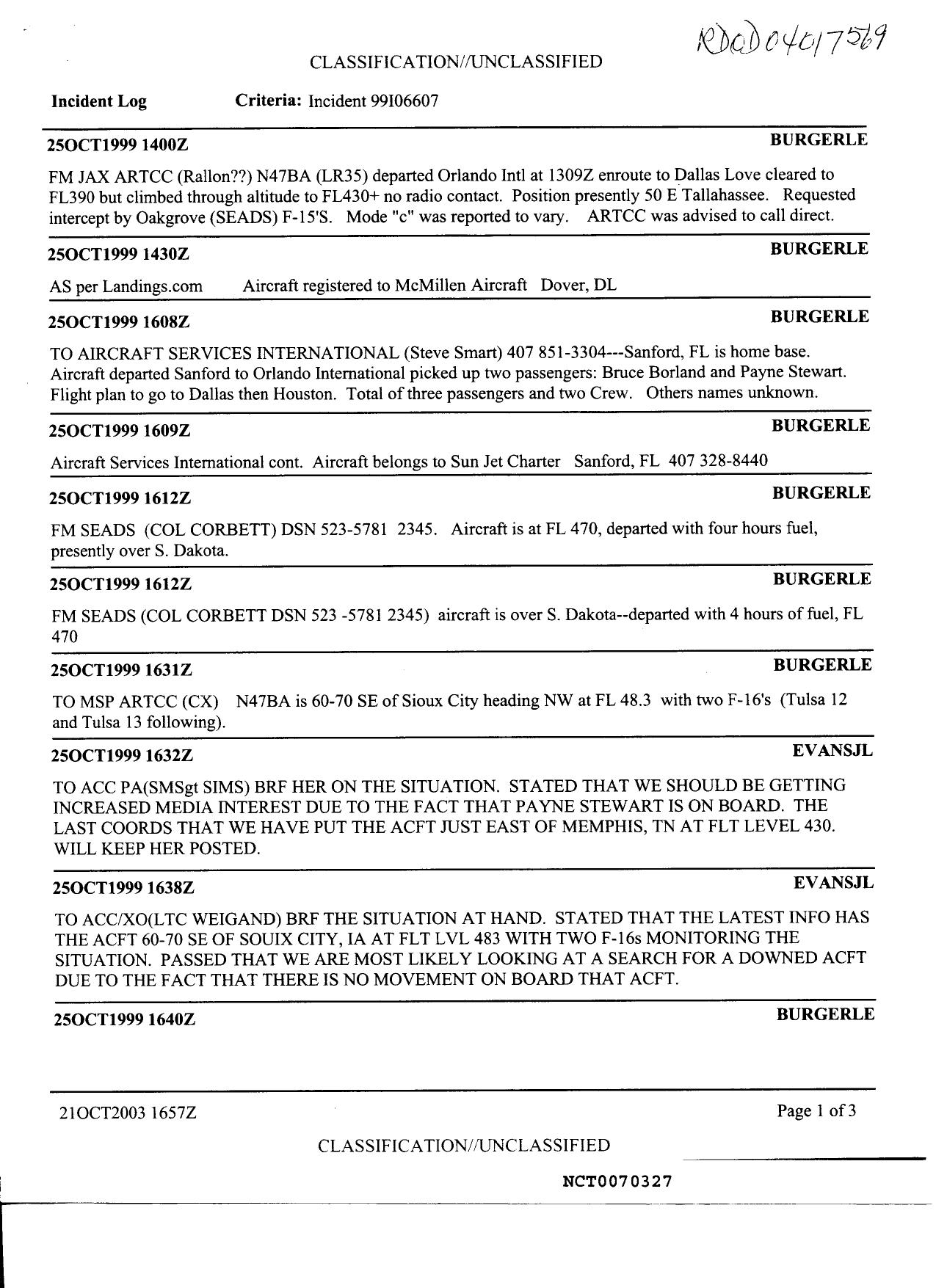 GSA B127 RDOD04017569 Fdr- Entire Contents- Incident Log- Payne Stewart 888 by Unknown