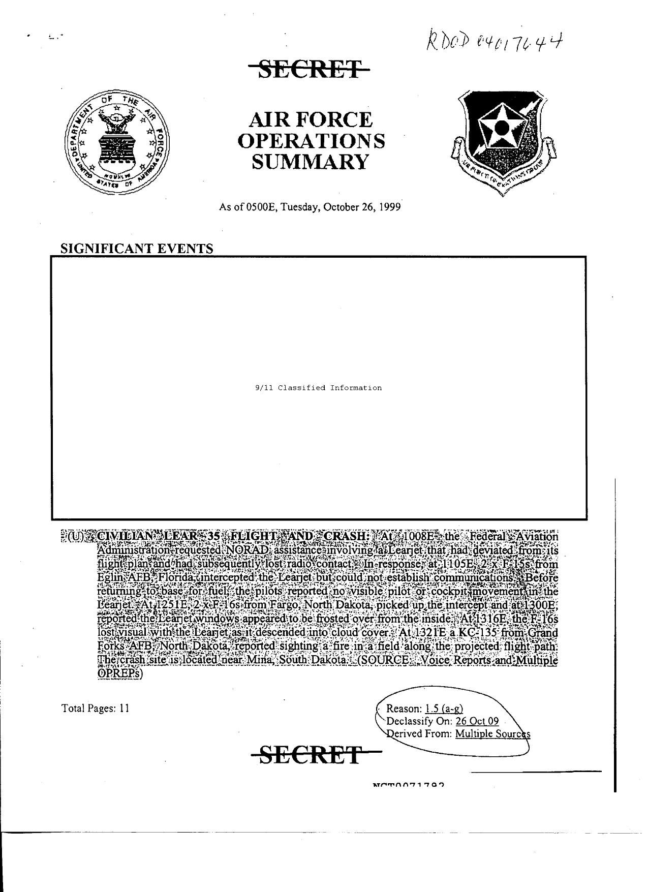 GSA B128- RDOD 04017644 Fdr- Entire Contents- 10-26-99 AF Op Summary- Payne Stewart 764 by Unknown