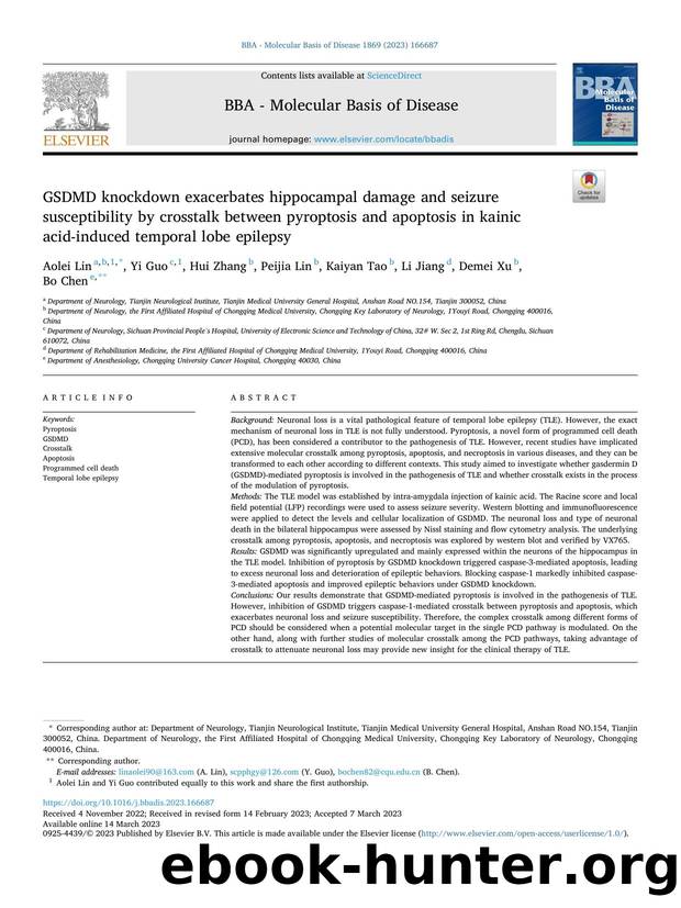 GSDMD knockdown exacerbates hippocampal damage and seizure susceptibility by crosstalk between pyroptosis and apoptosis in kainic acid-induced temporal lobe epilepsy by Aolei Lin & Yi Guo & Hui Zhang & Peijia Lin & Kaiyan Tao & Li Jiang & Demei Xu & Bo Chen