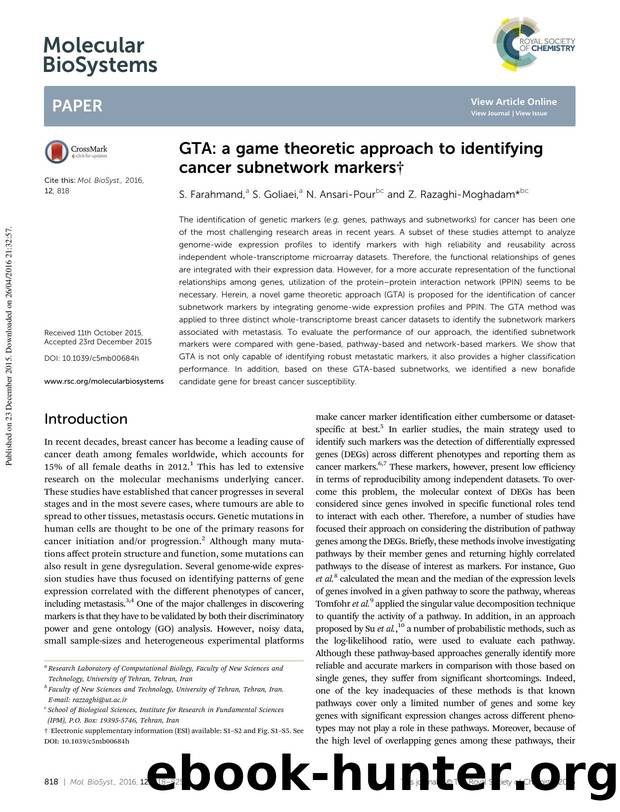 GTA: a game theoretic approach to identifying cancer subnetwork markers by S. Farahmand & S. Goliaei & N. Ansari-Pour & Z. Razaghi-Moghadam