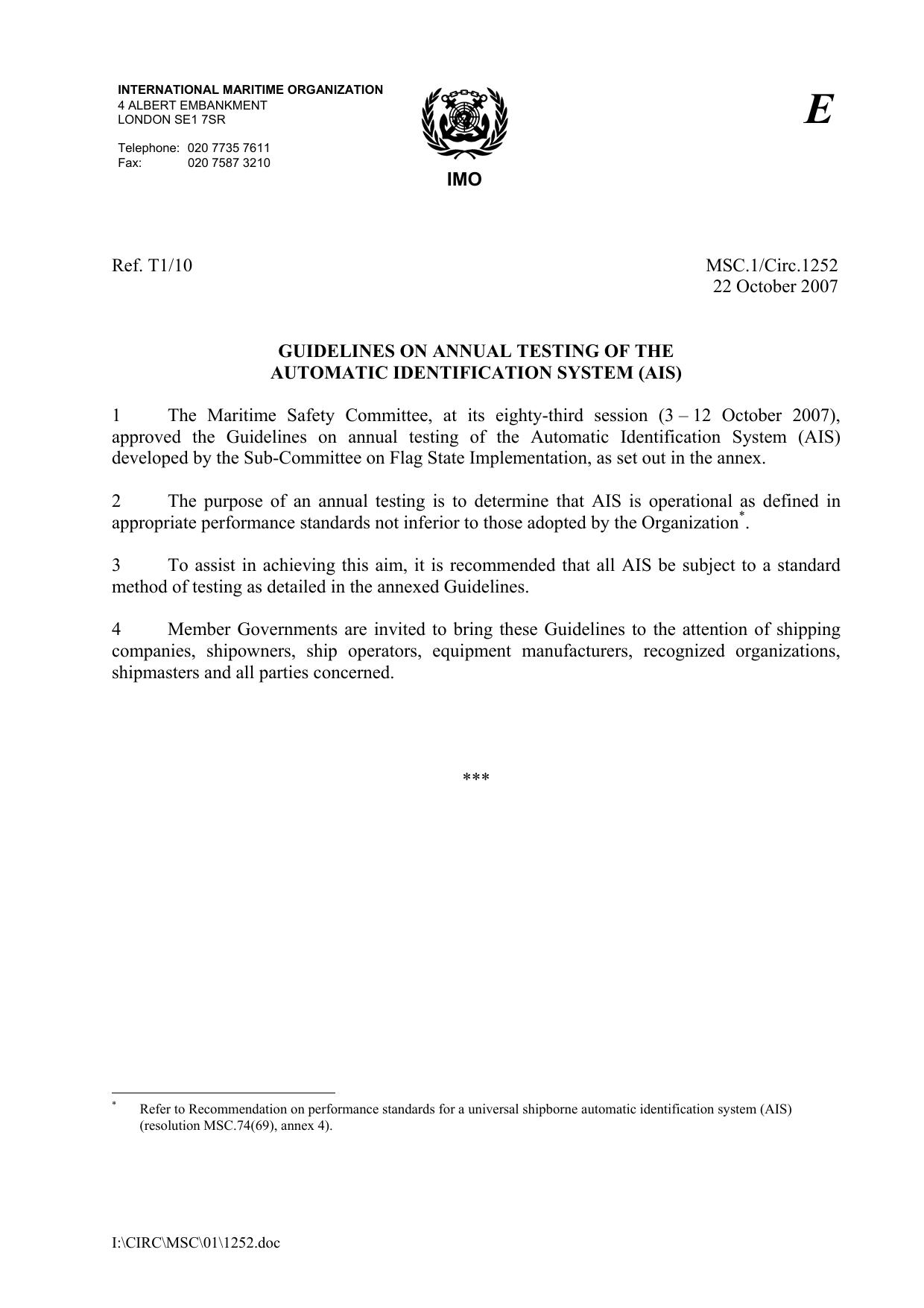 GUIDELINES ON ANNUAL TESTING OF THE AUTOMATIC IDENTIFICATION SYSTEM (AIS) by Unknown