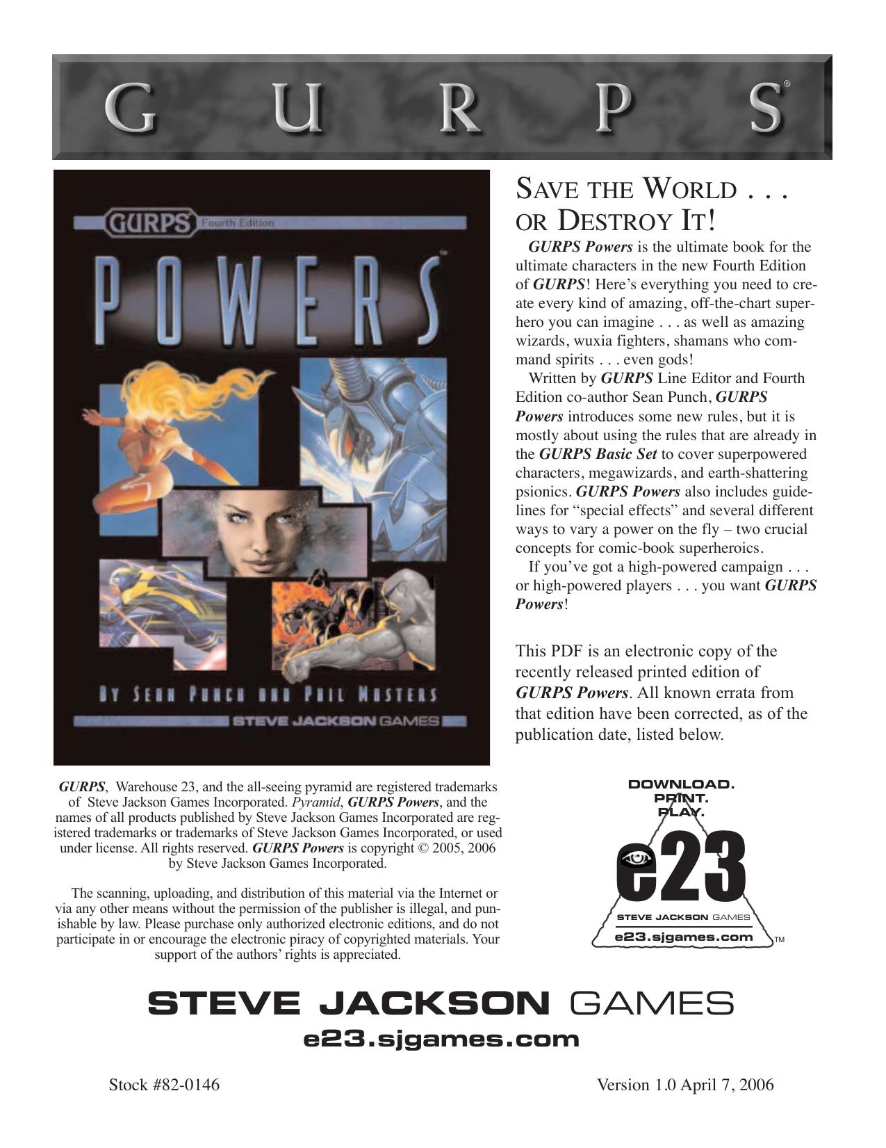 GURPS 4th edition. Powers by Sean Punch Phil Masters