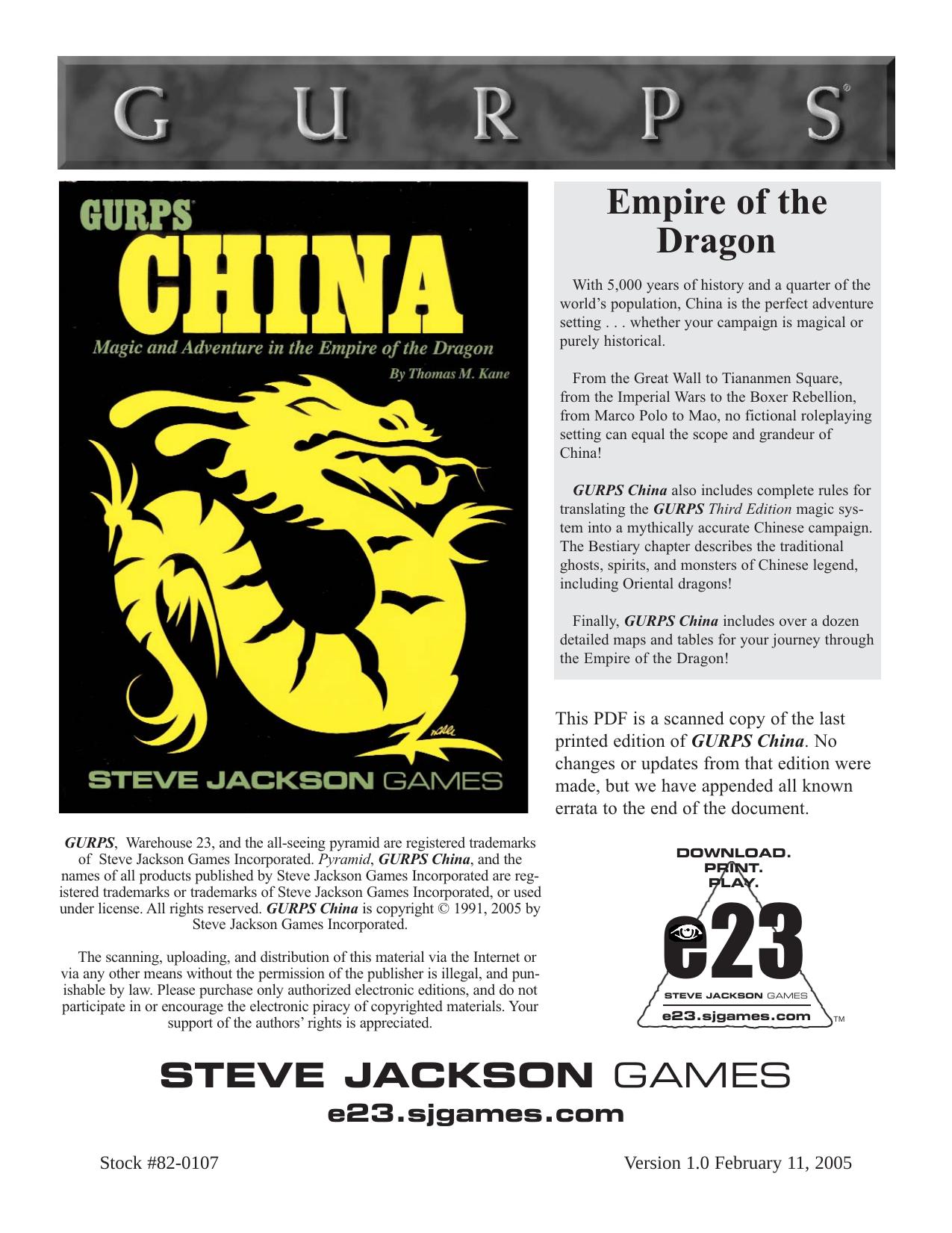 GURPS China by Thomas M. Kane Chris McCubbin Steve Jackson