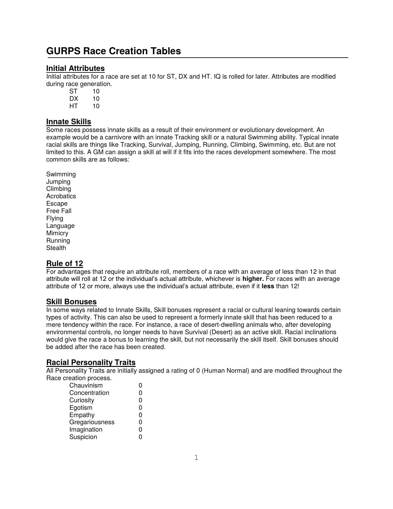 GURPS Race Creation Tables by h e j