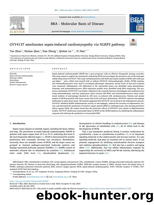 GYY4137 ameliorates sepsis-induced cardiomyopathy via NLRP3 pathway by Tao Zhou & Huitao Qian & Nan Zheng & Qiulun Lu & Yi Han