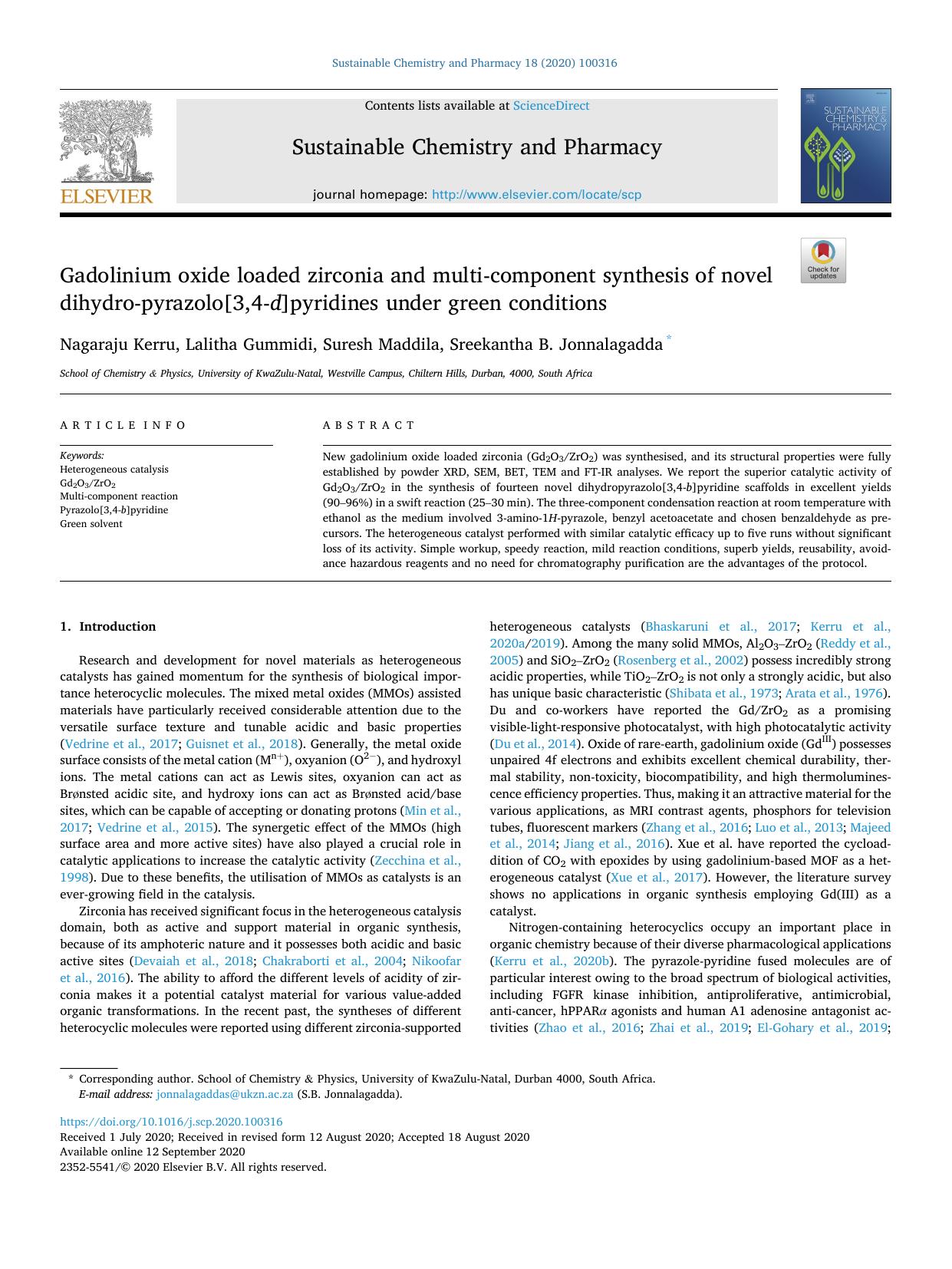 Gadolinium oxide loaded zirconia and multi-component synthesis of novel dihydro-pyrazolo[3,4- d ]pyridines under green conditions by Nagaraju Kerru & Lalitha Gummidi & Suresh Maddila & Sreekantha B. Jonnalagadda