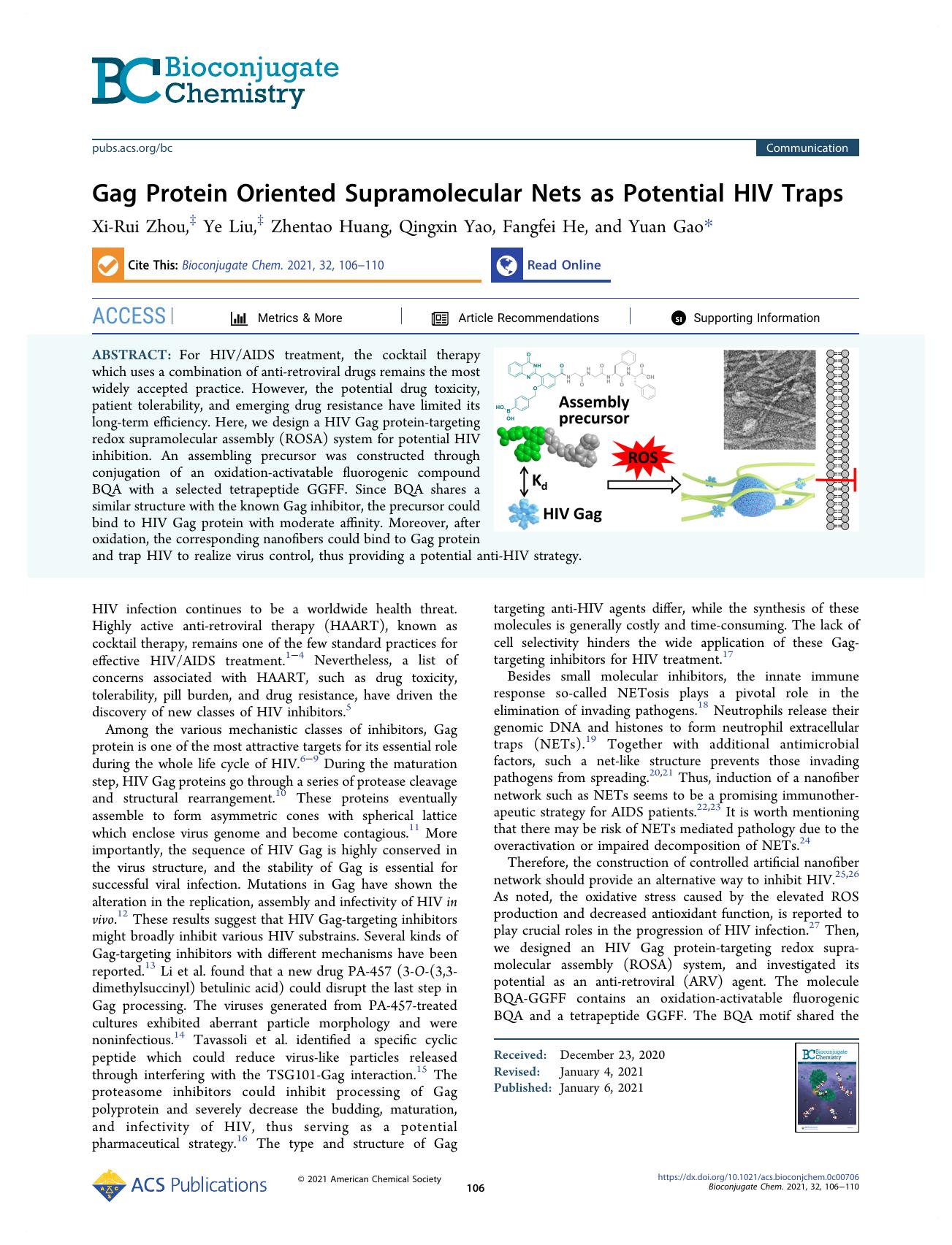 Gag Protein Oriented Supramolecular Nets as Potential HIV Traps by Xi-Rui Zhou; Ye Liu; Zhentao Huang; Qingxin Yao; Fangfei He; Yuan Gao