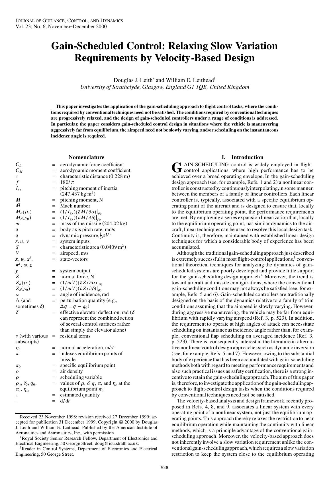 Gain-Scheduled Control: Relaxing Slow Variation Requirements by Velocity-Based Design by Unknown