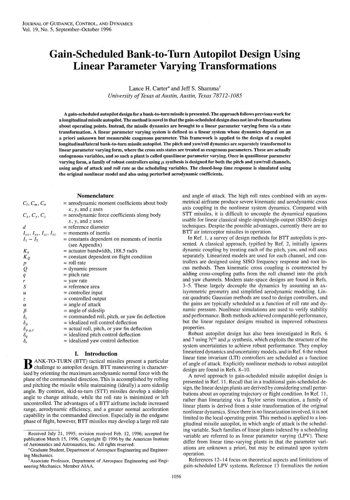 Gain-scheduled bank-to-turn autopilot design using linear parameter varying transformations by Unknown