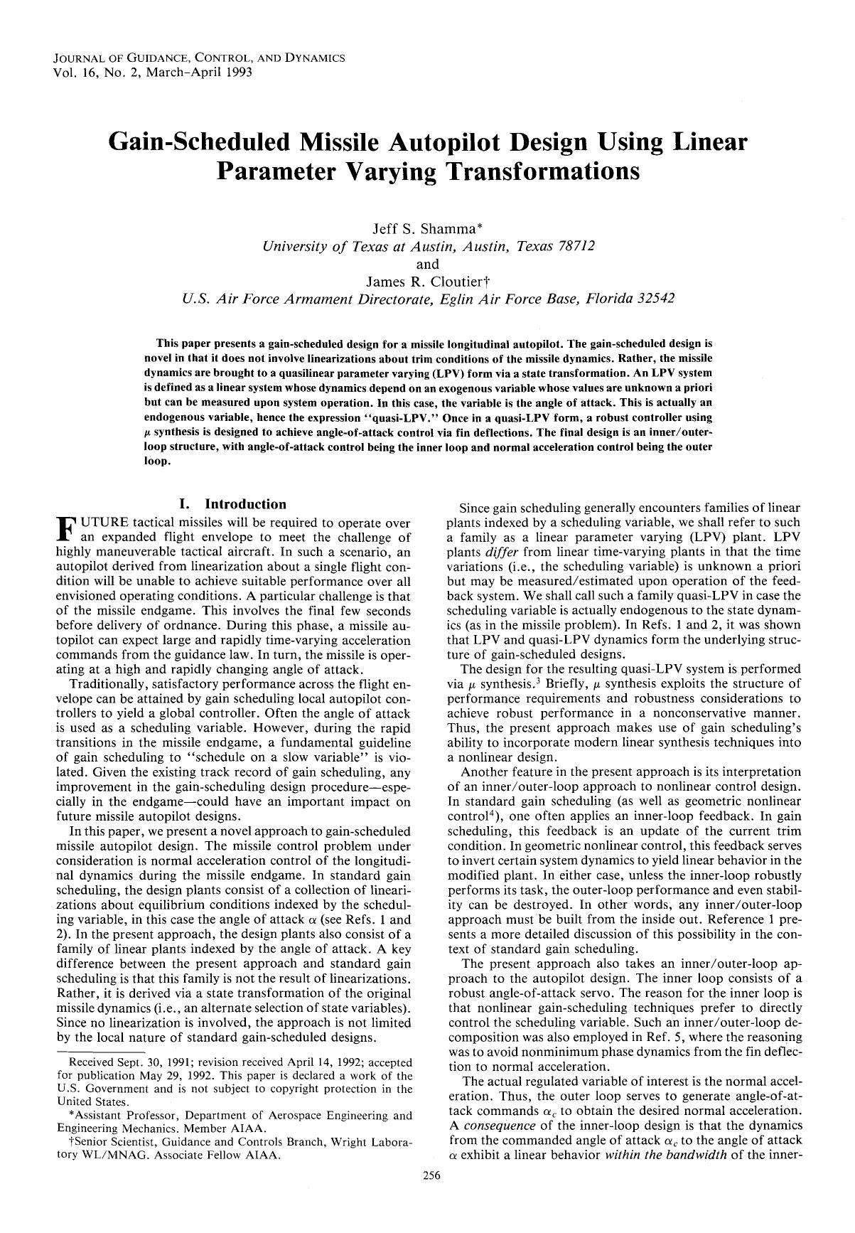 Gain-scheduled missile autopilot design using linear parameter varying transformations by Unknown