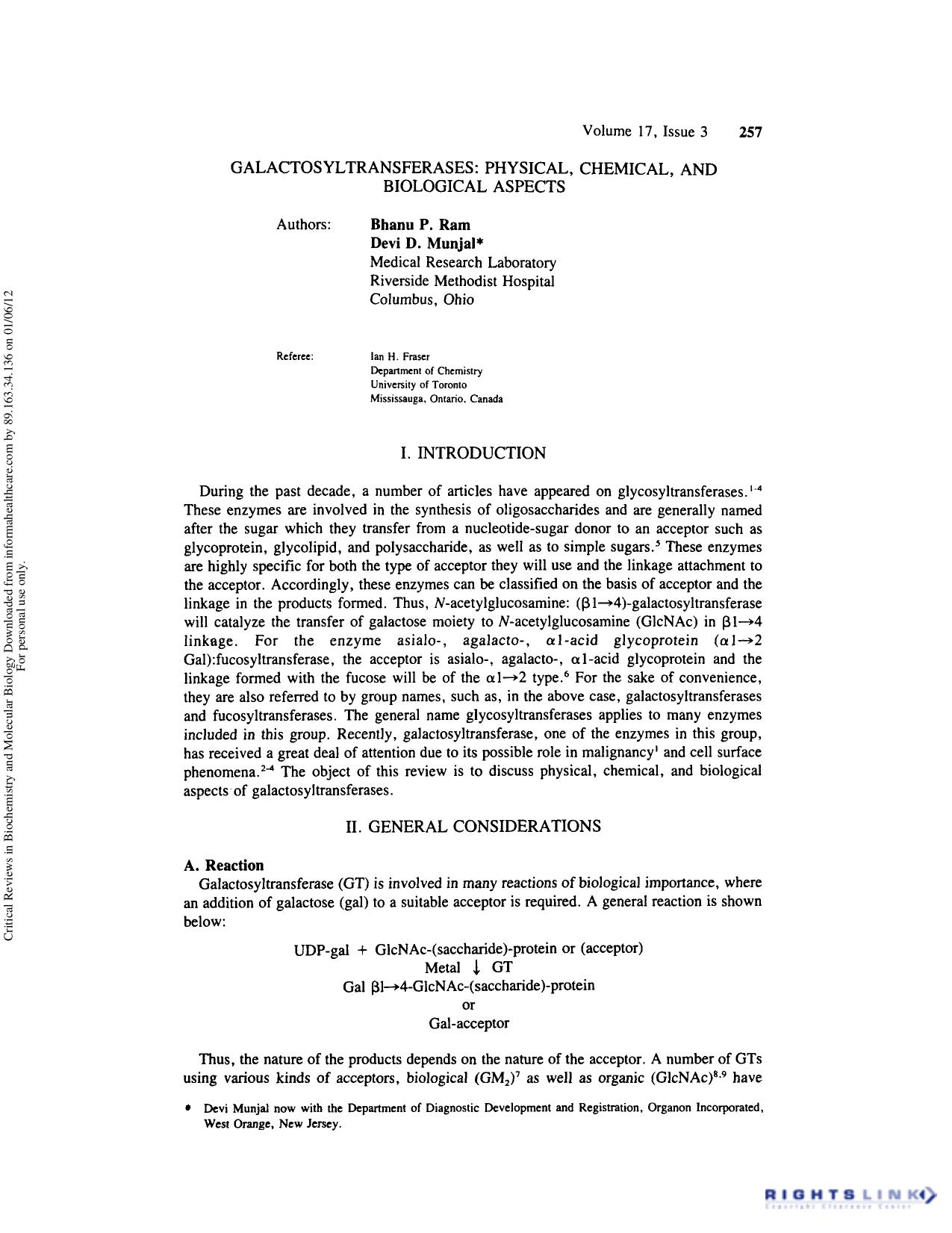 Galactosyltransferases: Physical, Chemical, and Biological Aspect by Bhanu P. Ram Devi D. Munjal & Ian H. Fraser