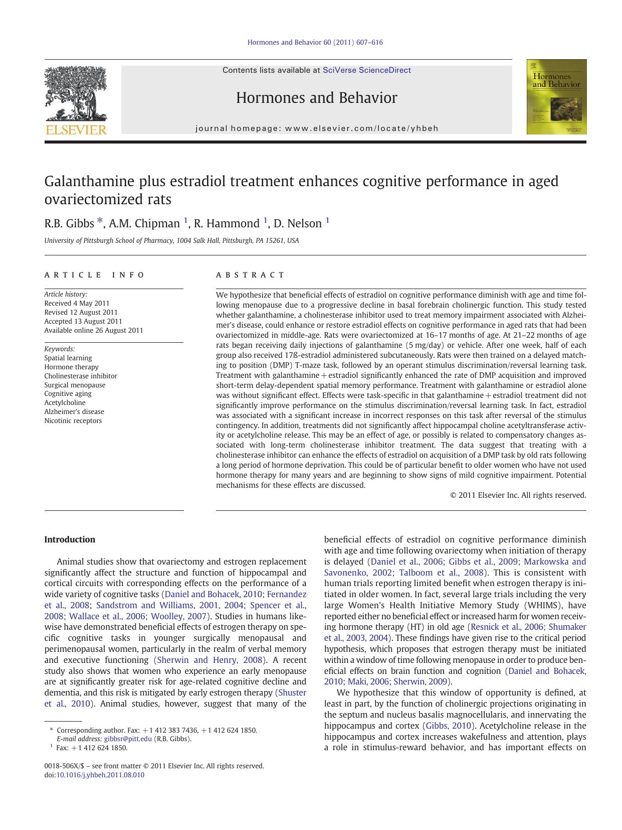 Galanthamine plus estradiol treatment enhances cognitive performance in aged ovariectomized rats by R.B. Gibbs & A.M. Chipman & R. Hammond & D. Nelson
