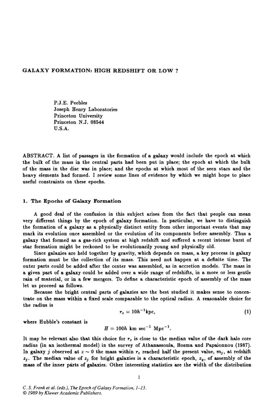 Galaxy Formation High Redshift or Low (1989) by Unknown