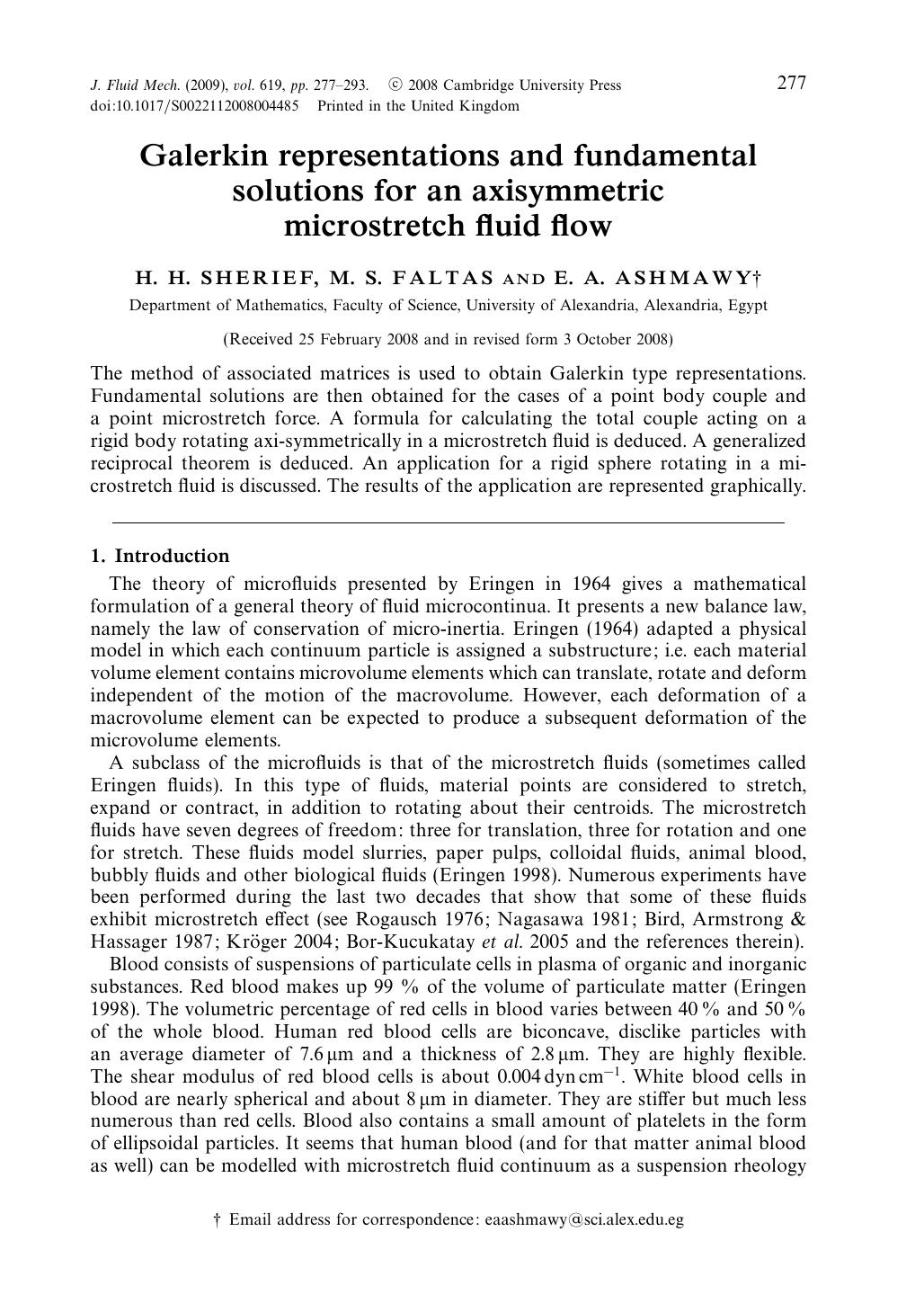 Galerkin representations and fundamental solutions for an axisymmetric microstretch fluid flow by H. H. SHERIEF M. S. FALTAS E. A. ASHMAWY