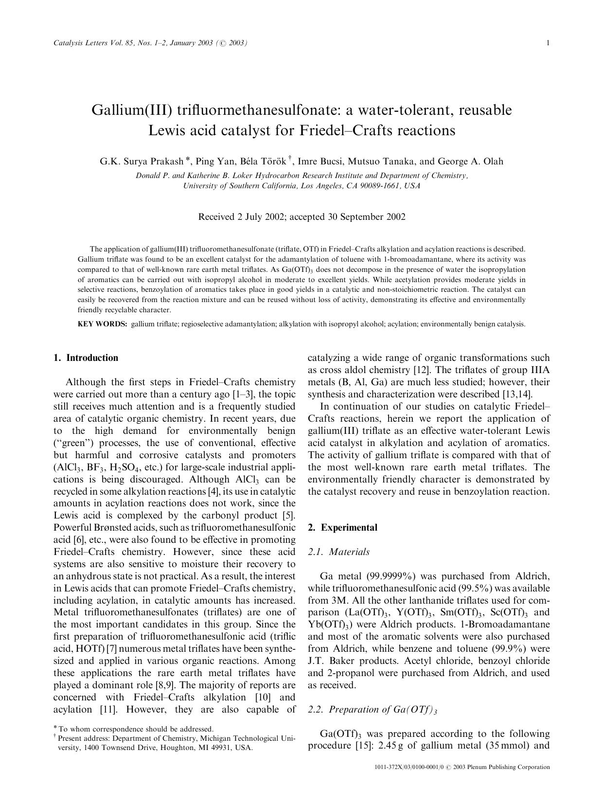 Gallium(III) Trifluormethanesulfonate: A Water-Tolerant, Reusable Lewis Acid Catalyst for Friedel-Crafts Reactions by Unknown