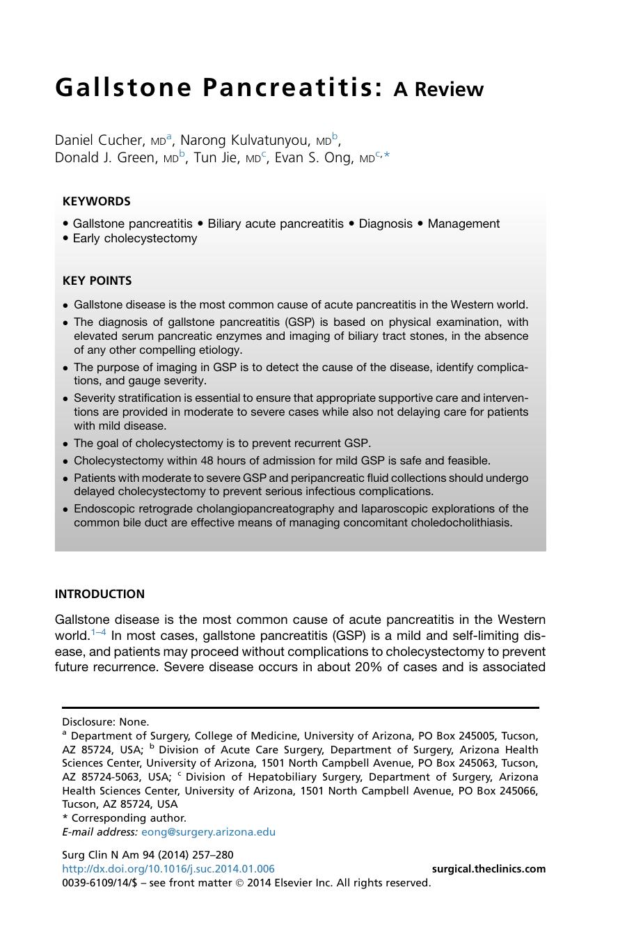 Gallstone Pancreatitis by Daniel Cucher MD & Narong Kulvatunyou MD & Donald J. Green MD & Tun Jie MD & Evan S. Ong MD
