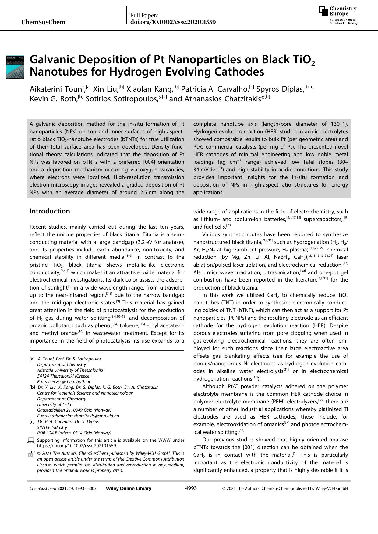Galvanic Deposition of Pt Nanoparticles on Black TiO2 Nanotubes for Hydrogen Evolving Cathodes by Unknown