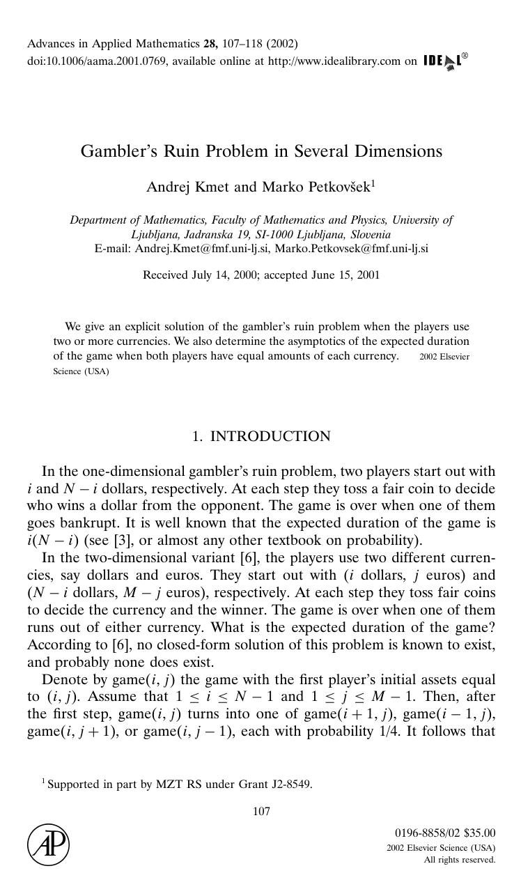 Gambler's Ruin Problem in Several Dimensions by Kmet A. et al