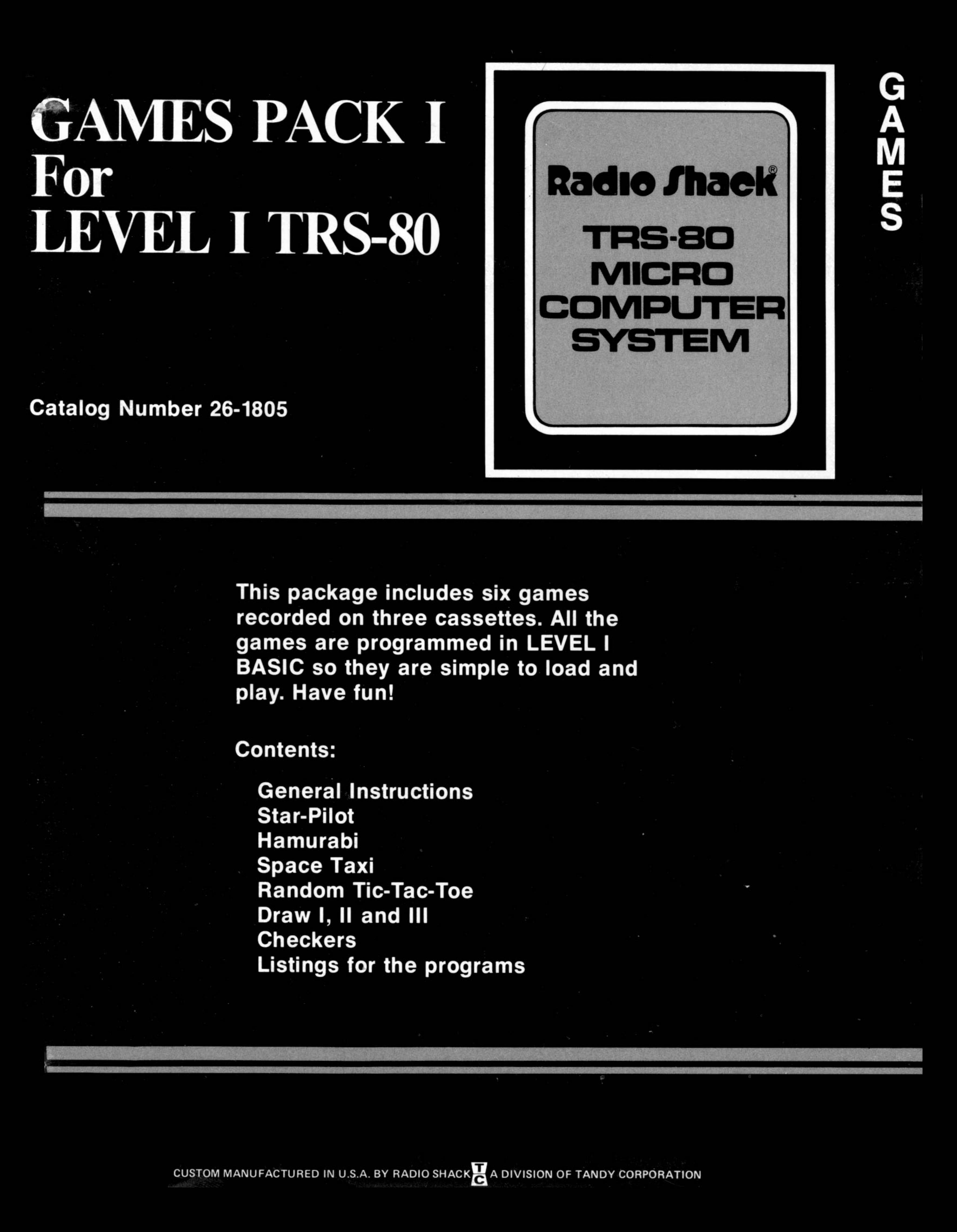Games Pack I for Level I (1978)(Radio Shack)(pdf) by Scanned: Ira Goldklang