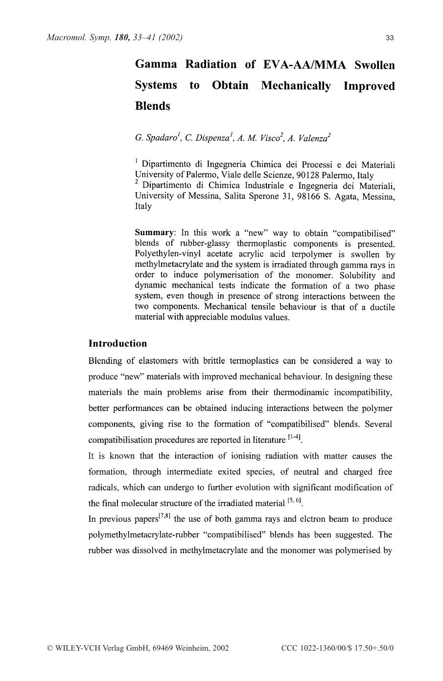 Gamma radiation of EVA-AAMMA swollen systems to obtain mechanically improved blends by Unknown