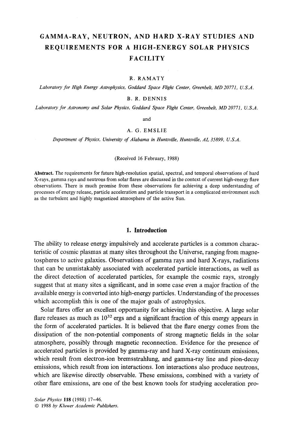 Gamma-ray, neutron, and hard X-ray studies and requirements for a high-energy solar physics facility by Unknown