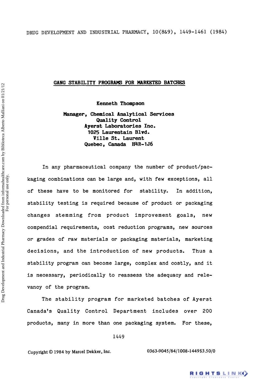 Gang Stability Programs for Marketed Batches by Kenneth Thompson