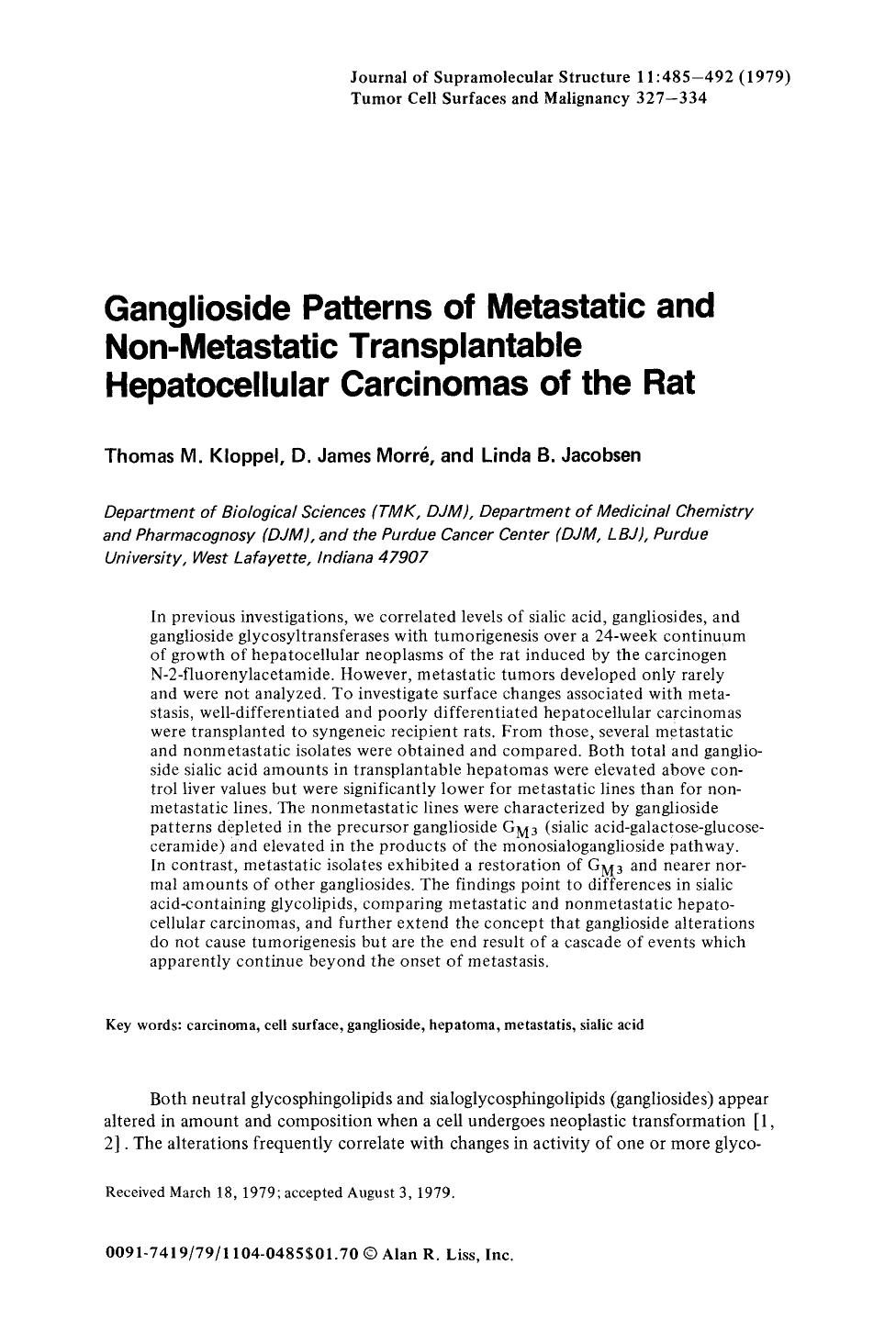 Ganglioside patterns of metastatic and non-metastatic transplantable hepatocellular carcinomas of the rat by Unknown
