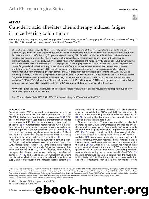 Ganoderic acid alleviates chemotherapy-induced fatigue in mice bearing colon tumor by unknow