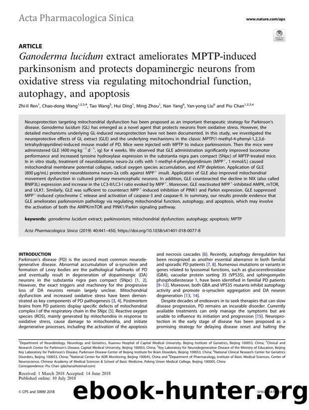 Ganoderma lucidum extract ameliorates MPTP-induced parkinsonism and protects dopaminergic neurons from oxidative stress via regulating mitochondrial function, autophagy, and apoptosis by Zhi-li Ren & Chao-dong Wang & Tao Wang & Hui Ding & Ming Zhou & Nan Yang & Yan-yong Liu & Piu Chan