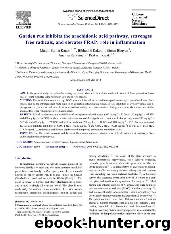 Garden rue inhibits the arachidonic acid pathway, scavenges free radicals, and elevates FRAP: role in inflammation by Manjir Sarma Kataki & Bibhuti B Kakoti & Biman Bhuyan & Ananya Rajkumari & Prakash Rajak