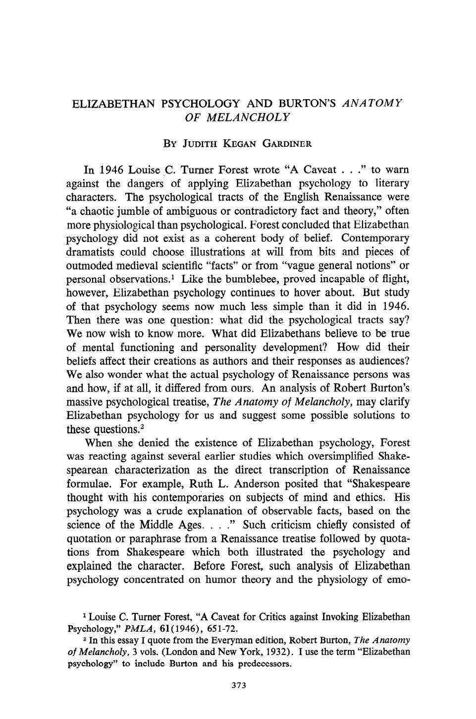 Gardiner, J K by Elizabethan Psychology & Burtons Anatomy of Melancholy (1977) 38 J Hist Ideas 373