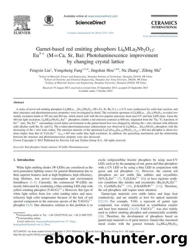 Garnet-based red emitting phosphors Li6MLa2Nb2O12_ Eu3+ (M=Ca, Sr, Ba)_ Photoluminescence improvement by changing crystal lattice by Fengxin Liu & Yongzheng Fang & Jingshan Hou & Na Zhang & Zifeng Ma