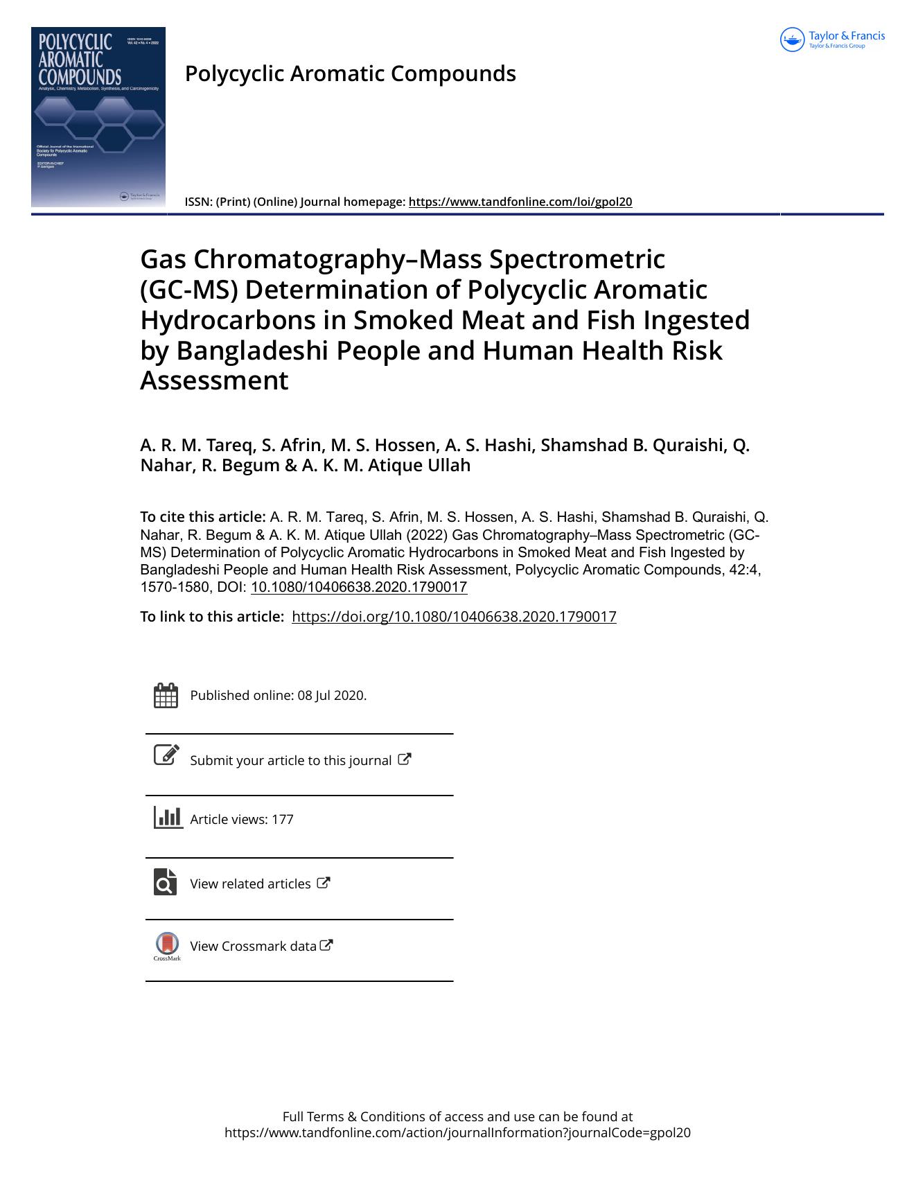 Gas ChromatographyâMass Spectrometric (GC-MS) Determination of Polycyclic Aromatic Hydrocarbons in Smoked Meat and Fish Ingested by Bangladeshi People and Human Health Risk Assessment by unknow