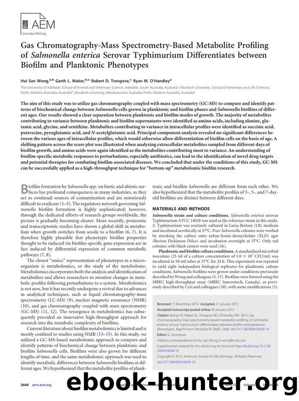 Gas Chromatography-Mass Spectrometry-Based Metabolite Profiling of Salmonella enterica Serovar Typhimurium Differentiates between Biofilm and Planktonic Phenotypes by Hui San Wong Garth L. Maker Robert D. Trengove Ryan M. O'Handley